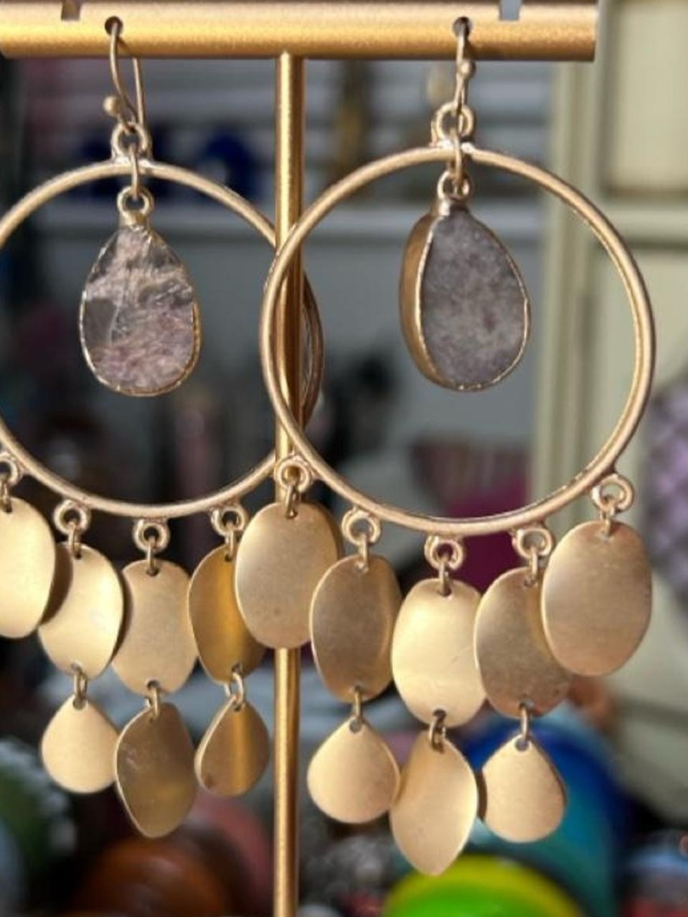 Gold Hoop Dangle Earrings with Teardrop Stone Accent